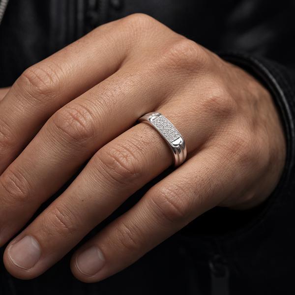 Elegance Defined: Sterling Silver Pave Diamond Rectangular Signet Ring