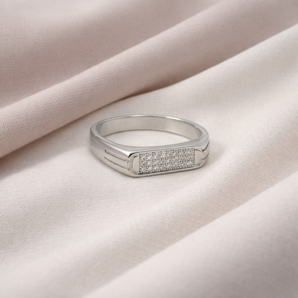Elegance Defined: Sterling Silver Pave Diamond Rectangular Signet Ring