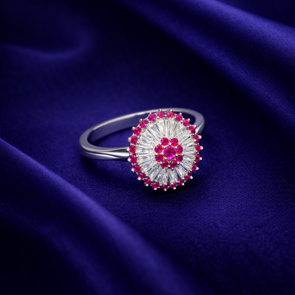 Elegant Radiant Floral Silver Ring with Ruby Accents