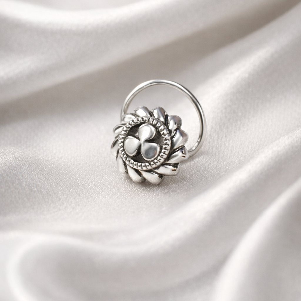 Oxidized Silver Floral Nose Pin for Women
