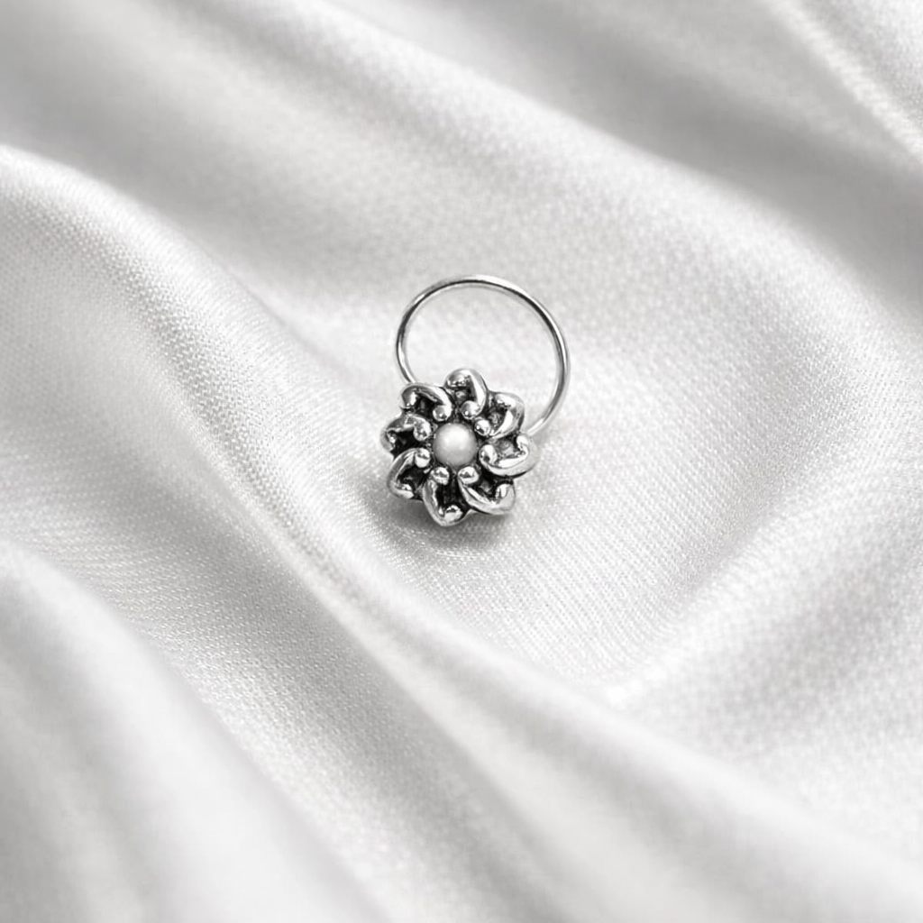 Elegant Oxidized Silver Floral Pearl Nose Pin
