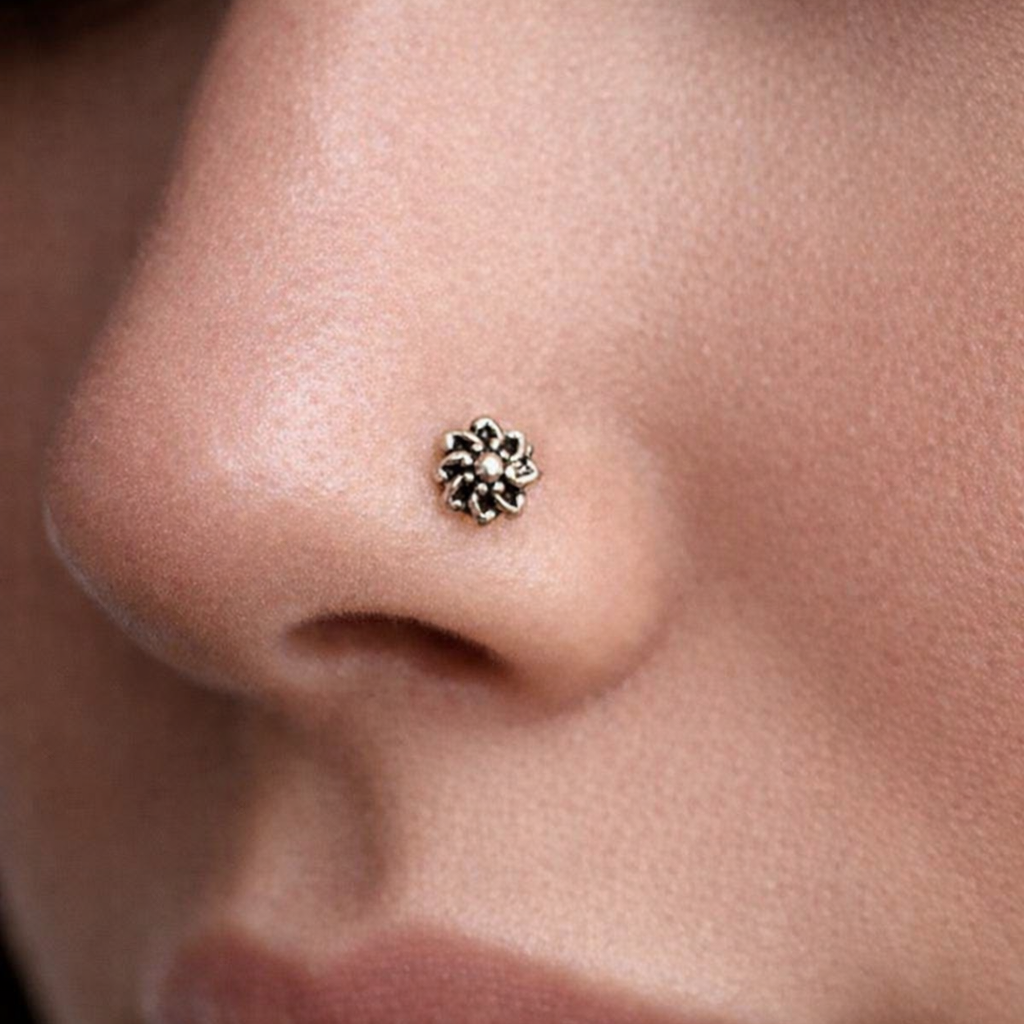 Elegant Oxidized Silver Floral Pearl Nose Pin