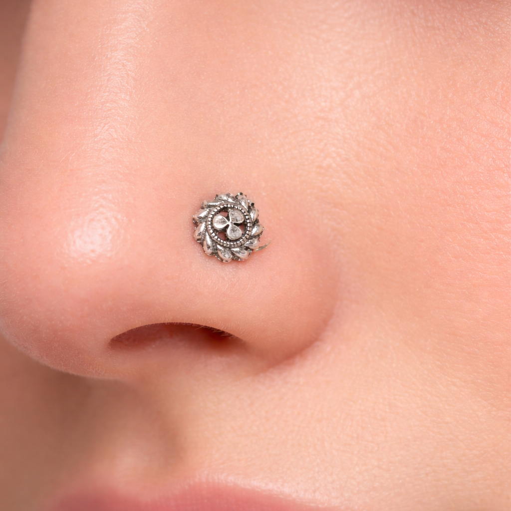 Oxidized Silver Floral Nose Pin for Women