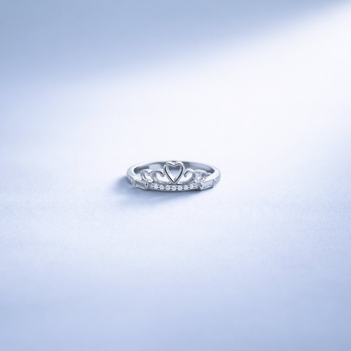 Elegant Silver Heart Crown Ring with Sparkling Accents