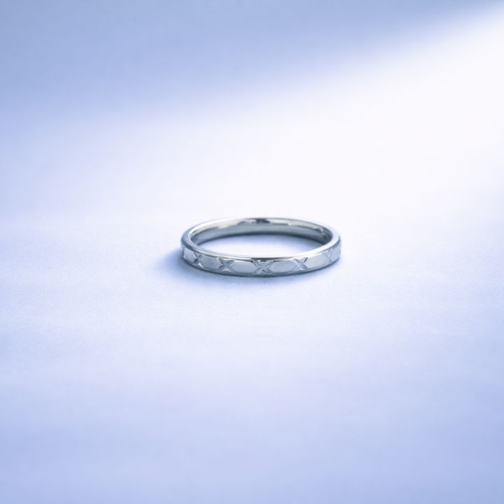 Elegant Silver Textured Band Ring with Cross-Hatch Engraving