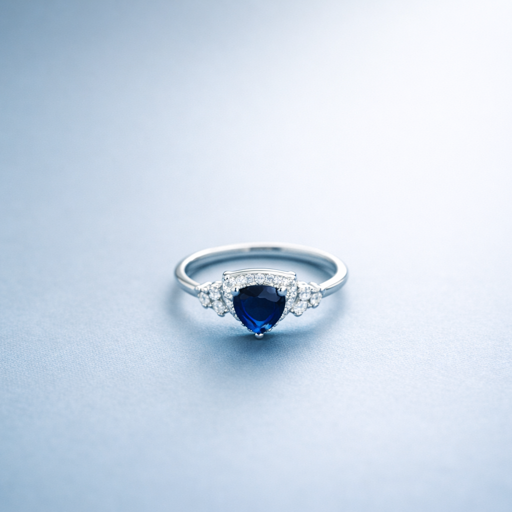 Elegant Silver Heart-Cut Sapphire Blue Stone Ring