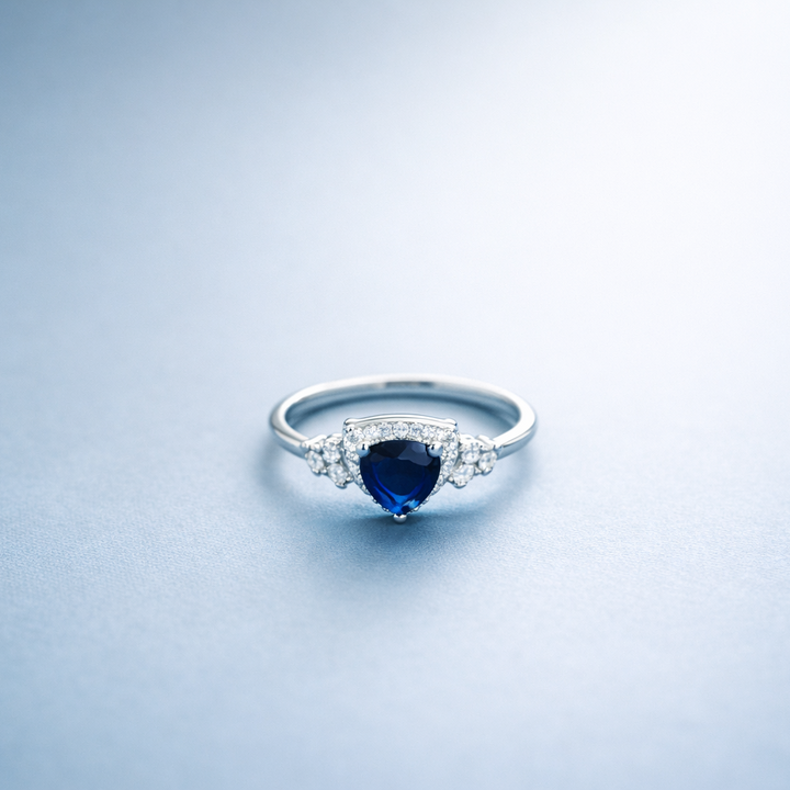 Elegant Silver Heart-Cut Sapphire Blue Stone Ring