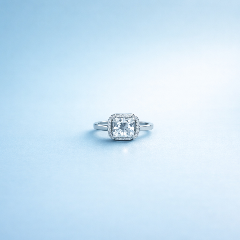 Elegant Emerald-Cut Moissanite Halo Ring in Sterling Silver