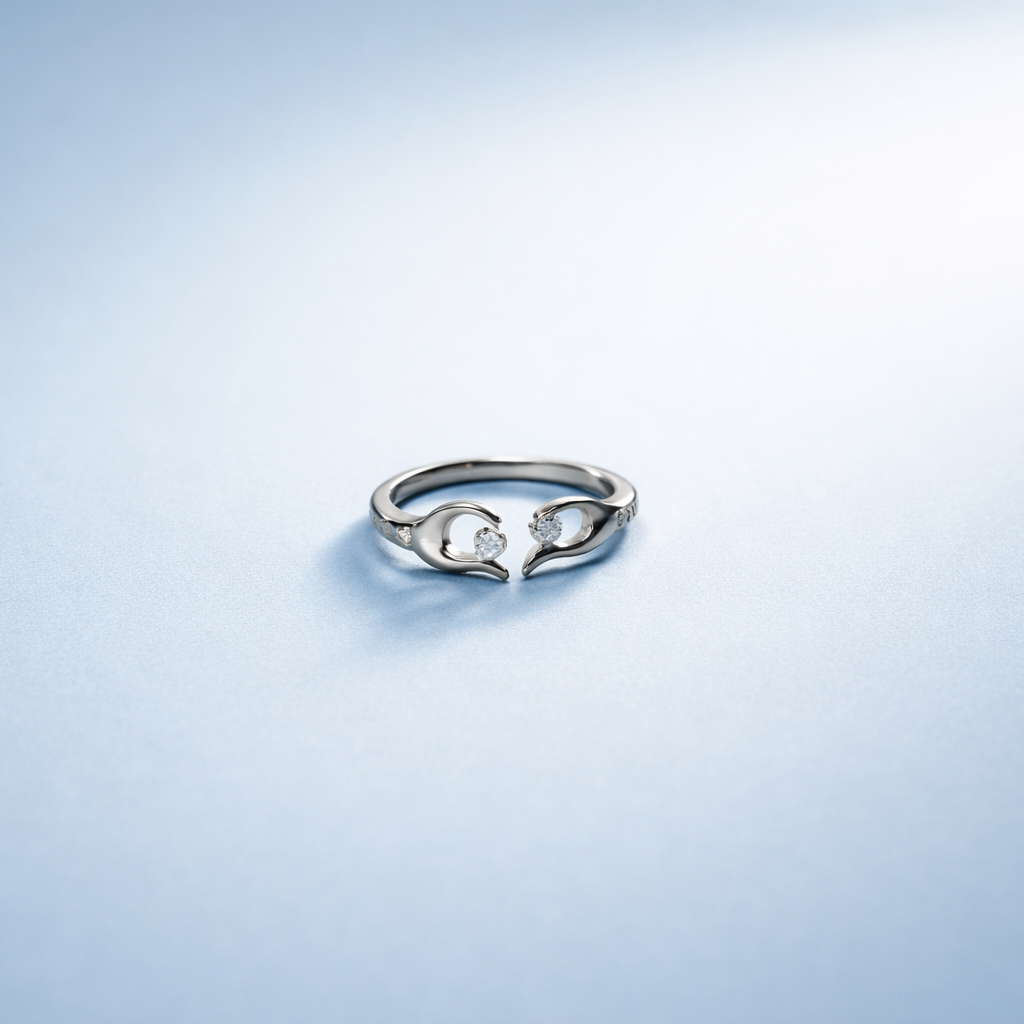 Silver Open-Heart Adjustable Ring with Sparkling Accents