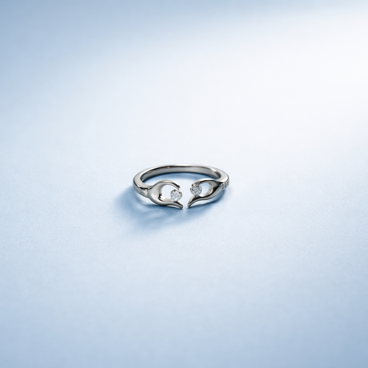 Silver Open-Heart Adjustable Ring with Sparkling Accents