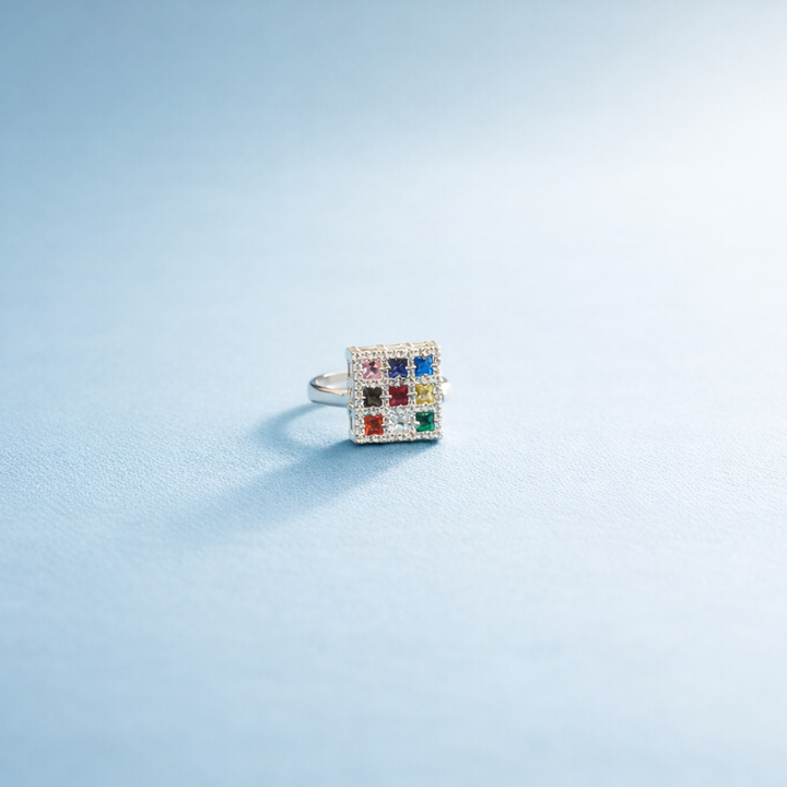 Sterling Silver Navratna Multi-Stone Square Statement Ring