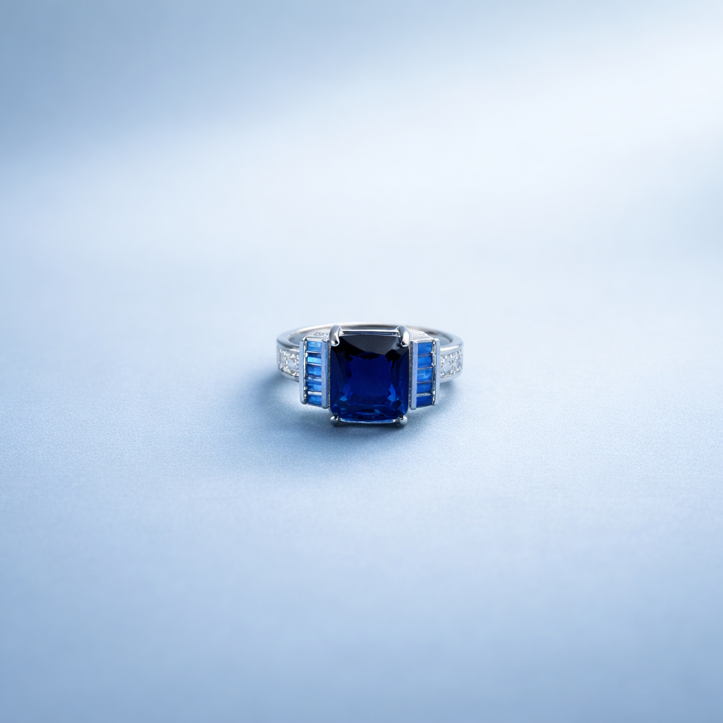 Royal Blue Radiant Cut Sapphire Silver Statement Ring
