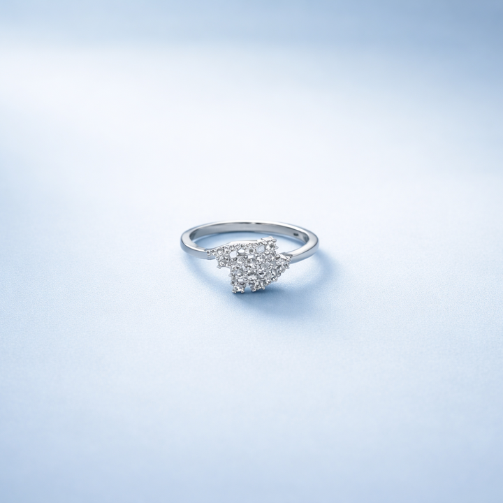 Elegant Silver Map-Inspired Diamond Cluster Statement Ring