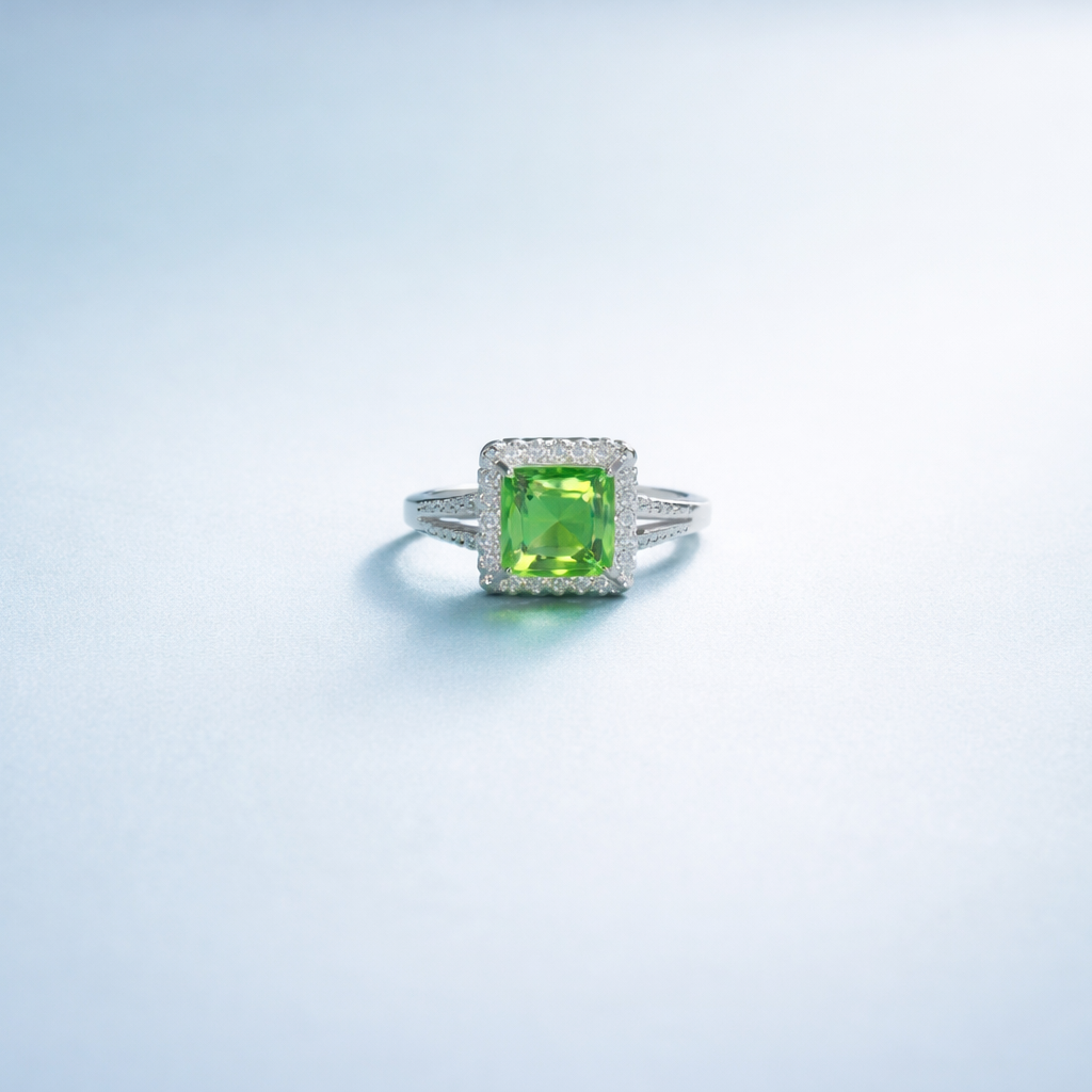 Elegant Square-Cut Peridot Green Gemstone Ring in Sterling Silver