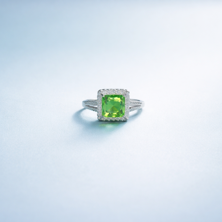 Elegant Square-Cut Peridot Green Gemstone Ring in Sterling Silver