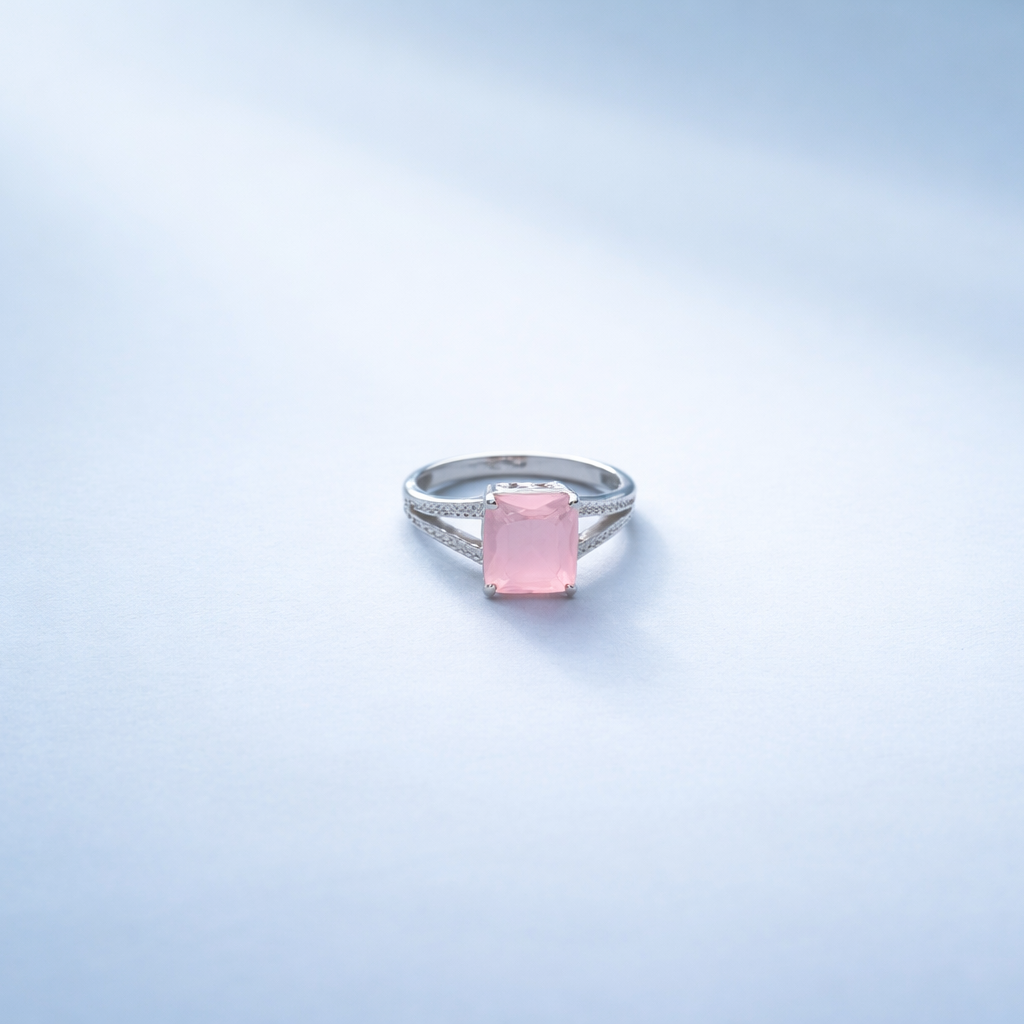 Elegant Rose Quartz Square Cut Silver Ring with Pave Accents