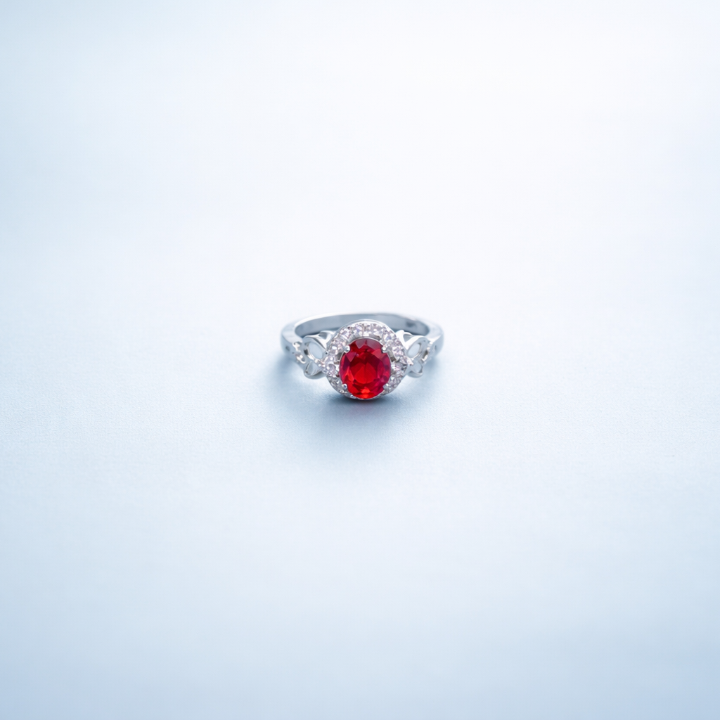 Elegant Oval Ruby Red Gemstone Silver Ring with Crystal Accents