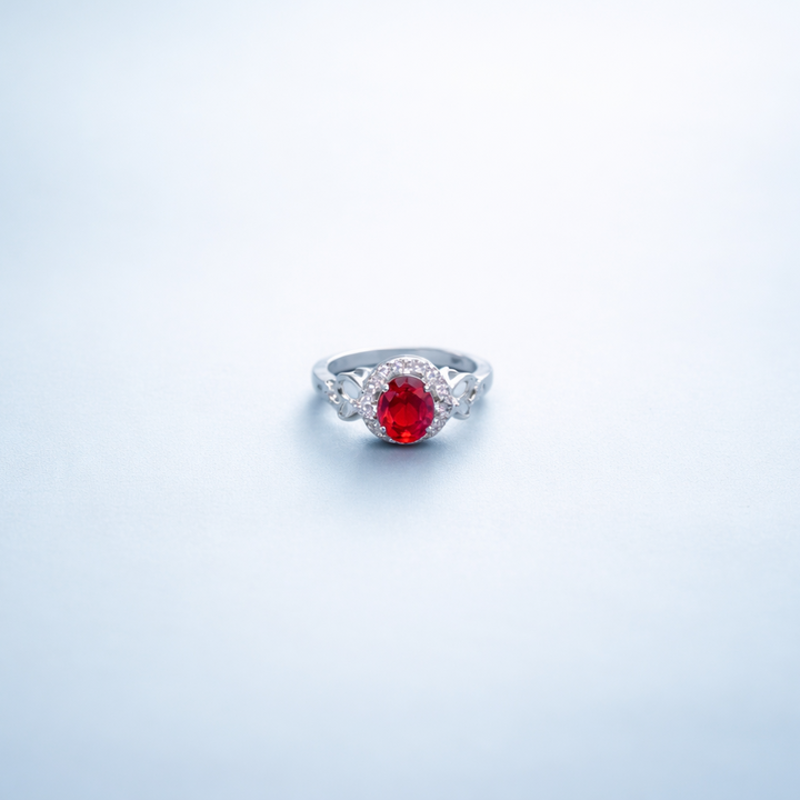 Elegant Oval Ruby Red Gemstone Silver Ring with Crystal Accents