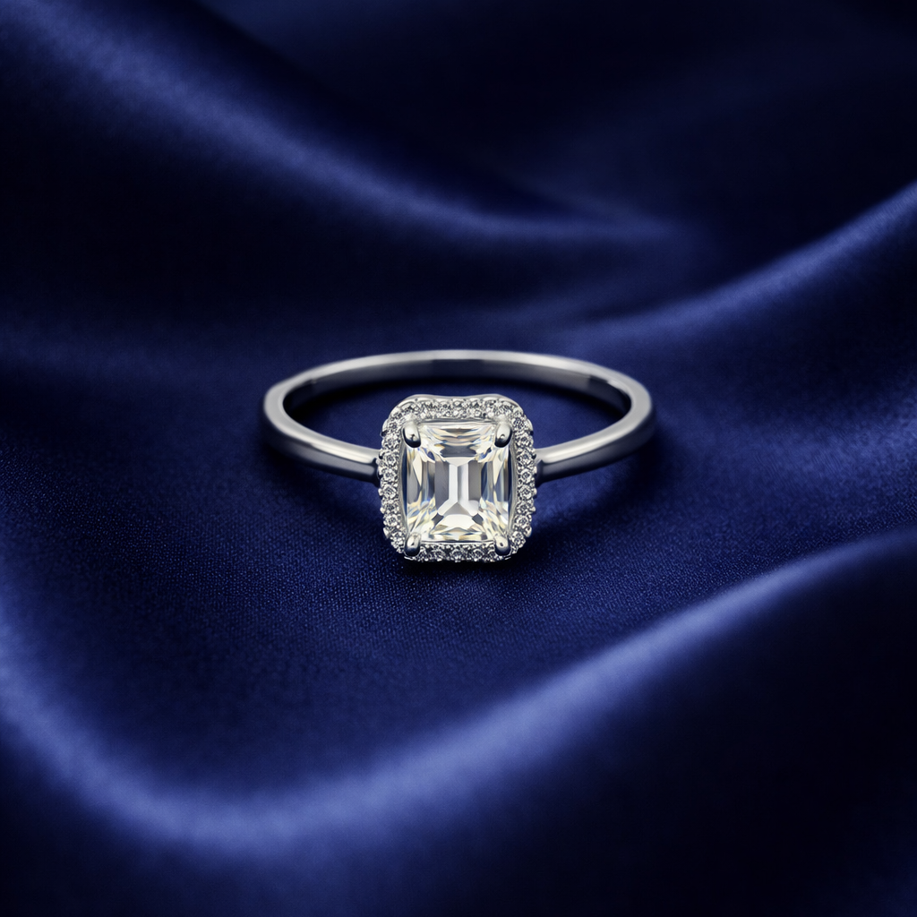 Elegant Emerald-Cut Moissanite Halo Ring in Sterling Silver