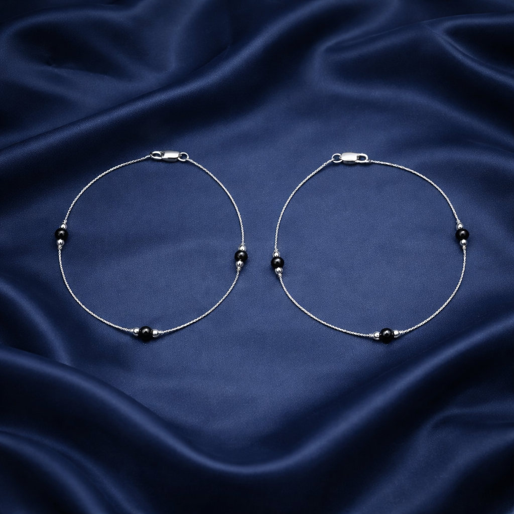 Elegant Silver Anklets with Dark Beading.