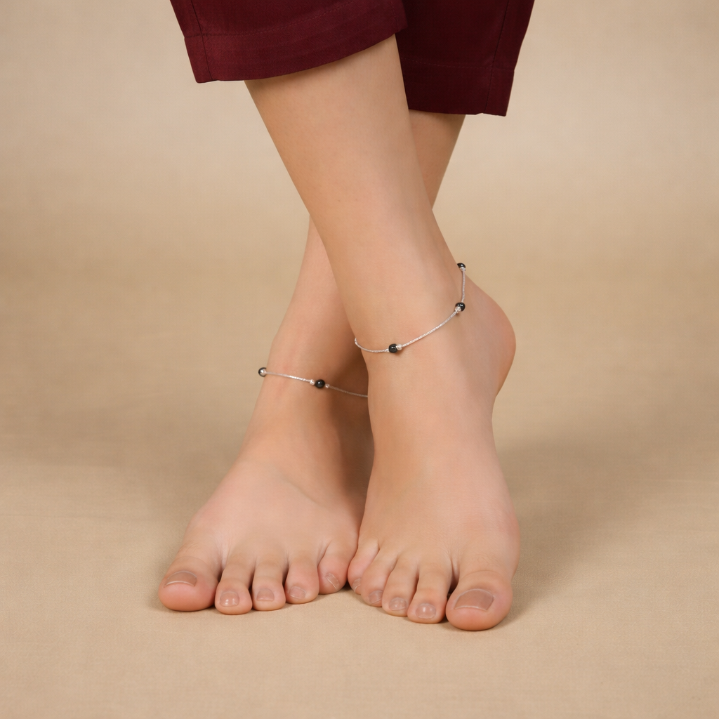 Elegant Silver Anklets with Dark Beading.