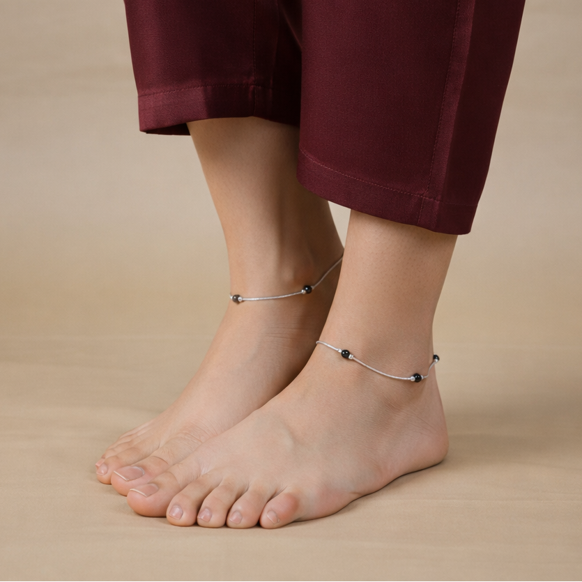 Elegant Silver Anklets with Dark Beading.