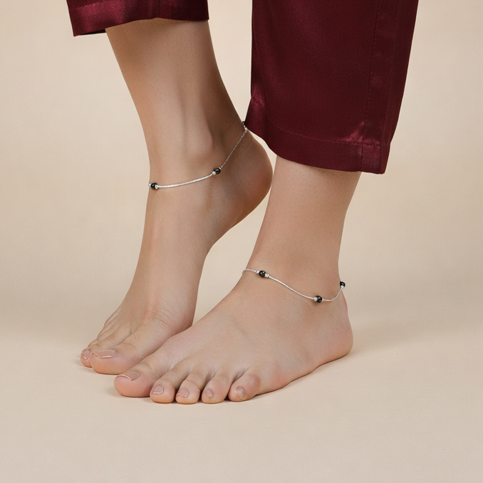 Elegant Silver Anklets with Dark Beading.