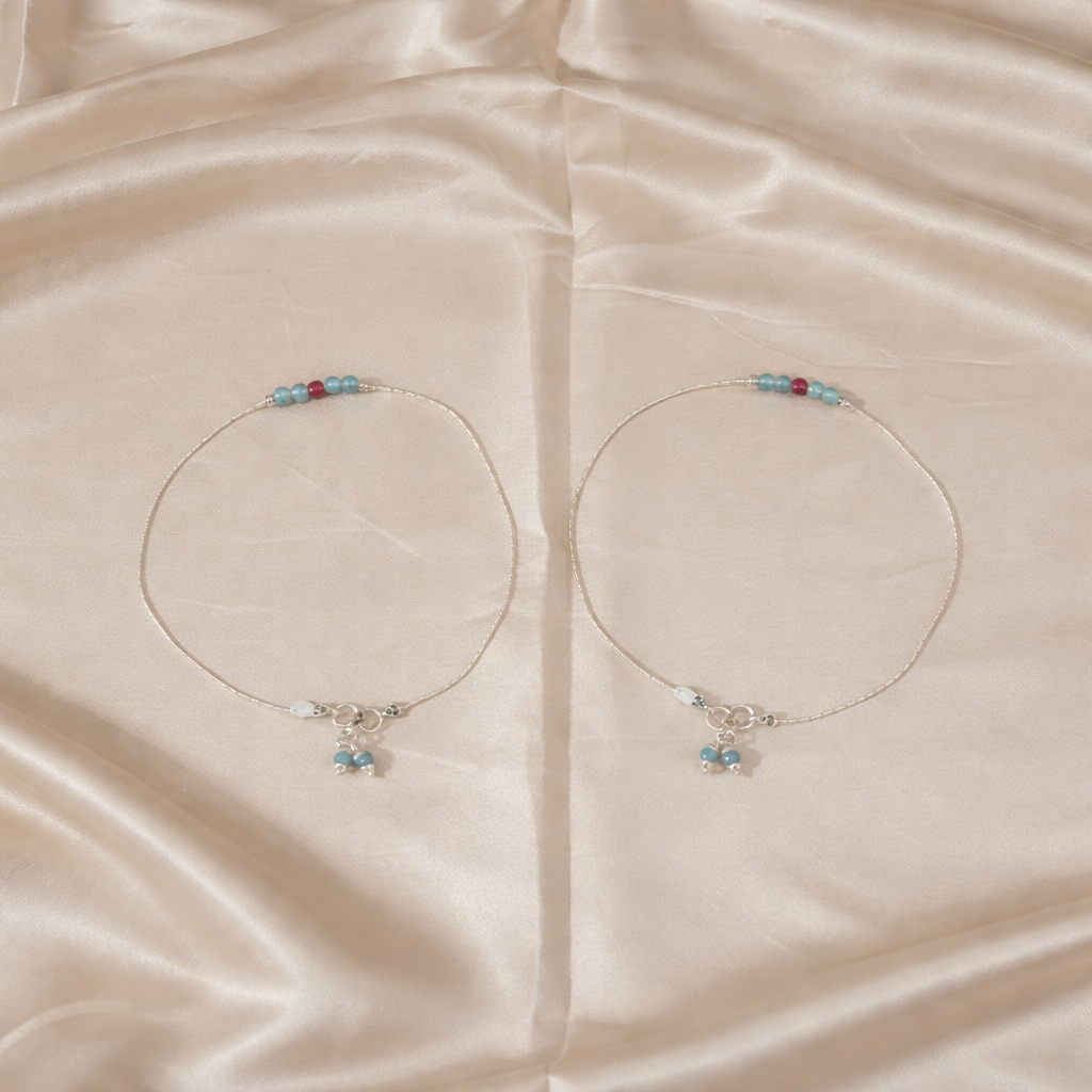 Beaded Anklet with Magenta and Aquamarine Stones - Balaji Jewellers