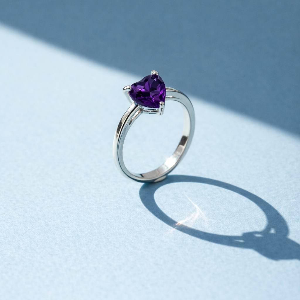 Elegant Heart-Cut Amethyst Silver Solitaire Ring
