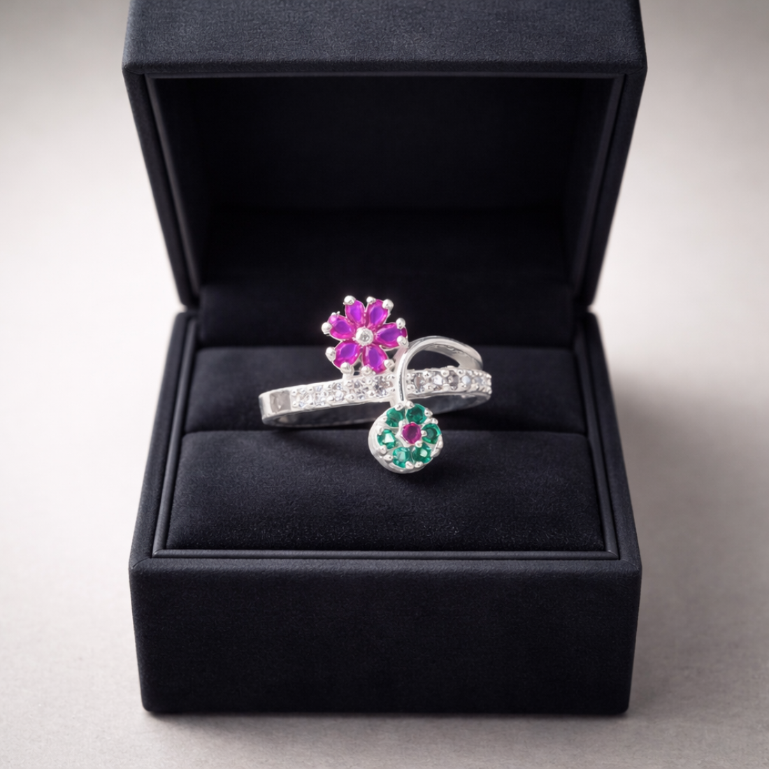 Floral Bypass Silver Ring with Ruby and Emerald Accents