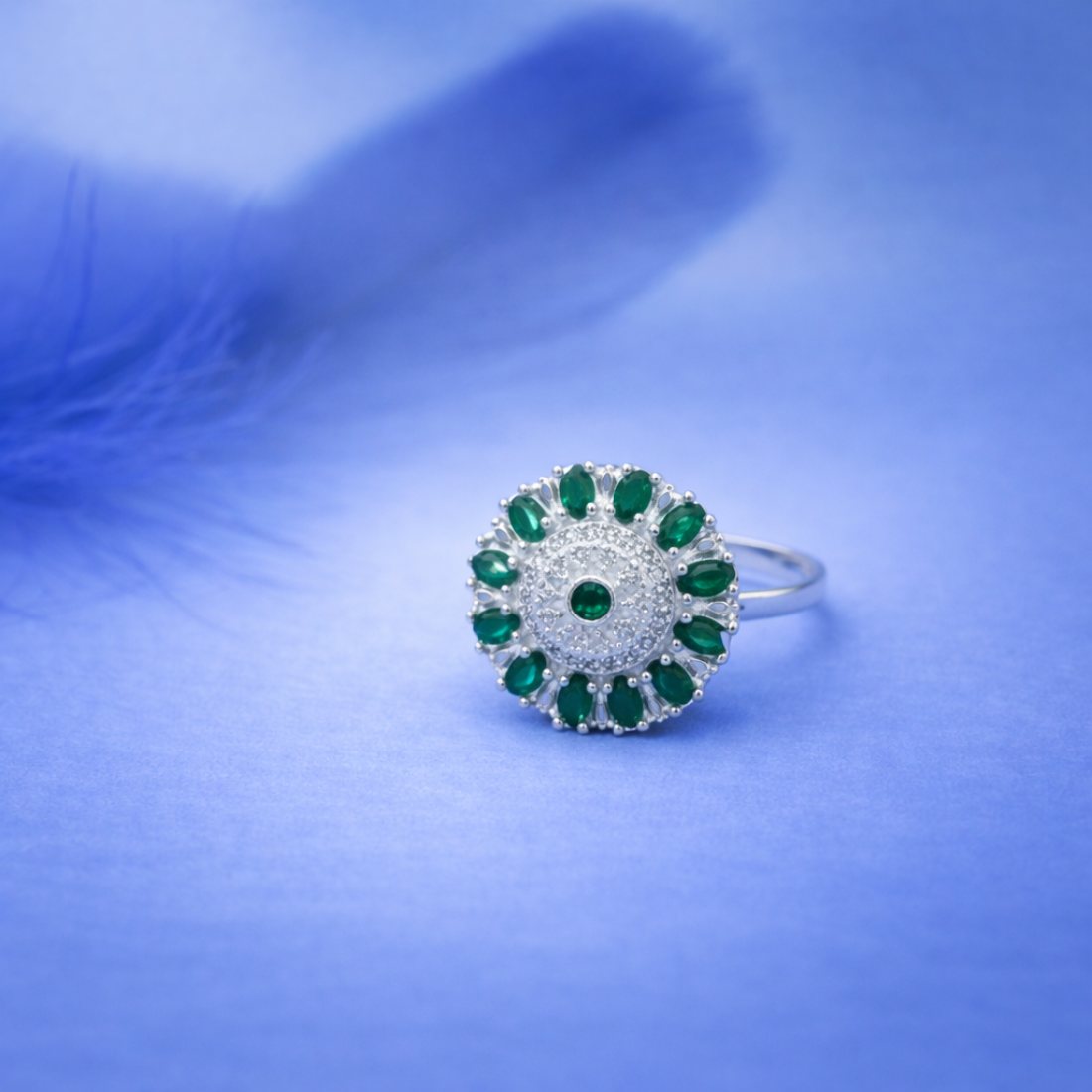 Elegant Sterling Silver Emerald Halo Statement Ring