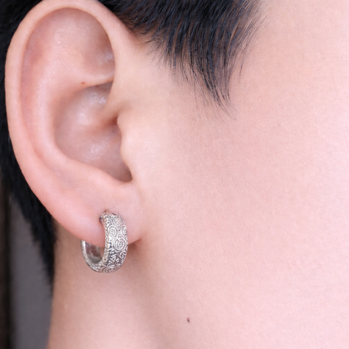 Intricate Scrollwork Silver Texture Huggie Hoop Earrings