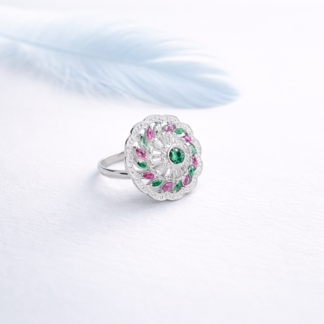 Floral Halo Multi-Gemstone Statement Ring in Silver Finish