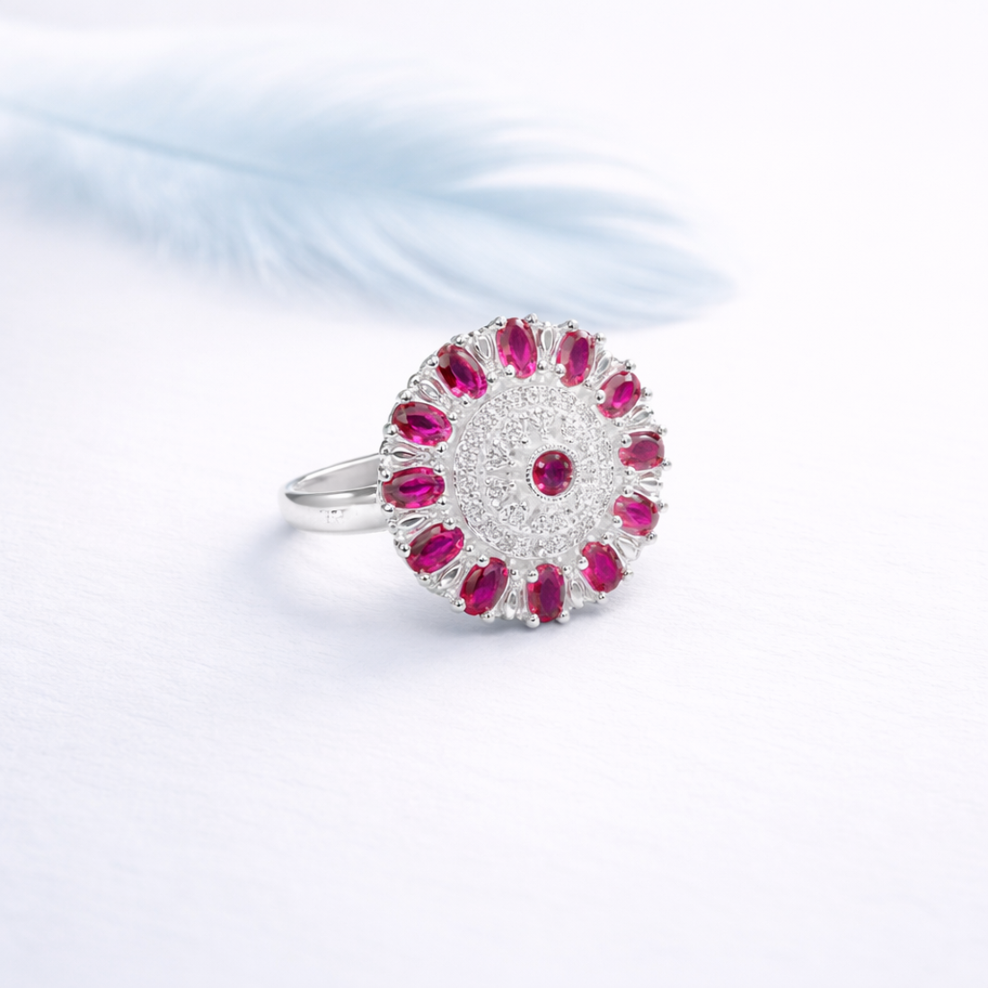 Elegant Silver Sunburst Statement Ring with Ruby-Pink