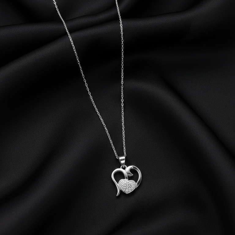 Sterling Silver Diamond-Encrusted Dual Heart Chain Pendant