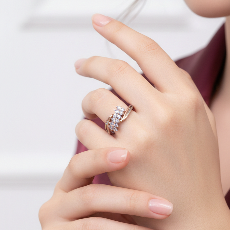 Elegant Two-Tone Diamond Cluster Swirl Ring in Sterling Silver