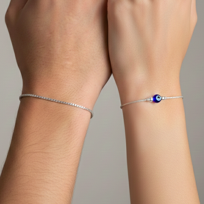Duo Tone Silver Couple Bracelet Set with Evil Eye Charm