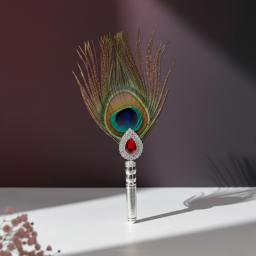 Peacock Feather Silver Flag with Ruby Accent for Devotion - Balaji Jewellers