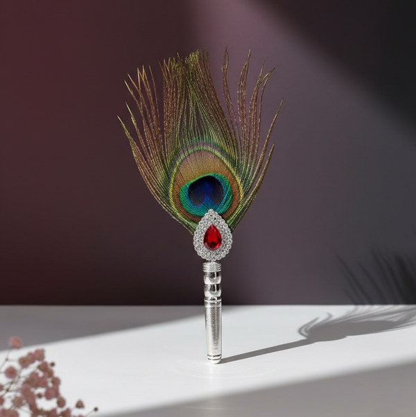 Royal Divine Peacock Feather Silver Flag with Ruby Accent