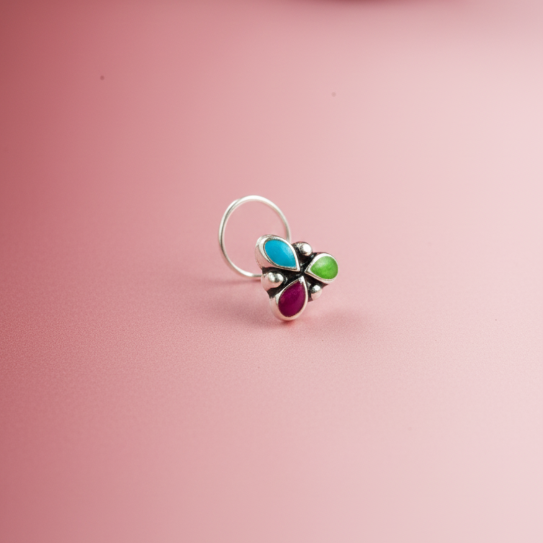 Boho Tri-Color Teardrop Oxidized Silver Nose Pin