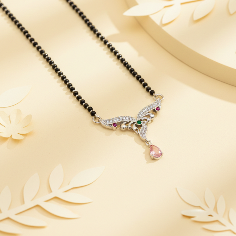 Elegant Silver Mangalsutra with Gemstones and Teardrop