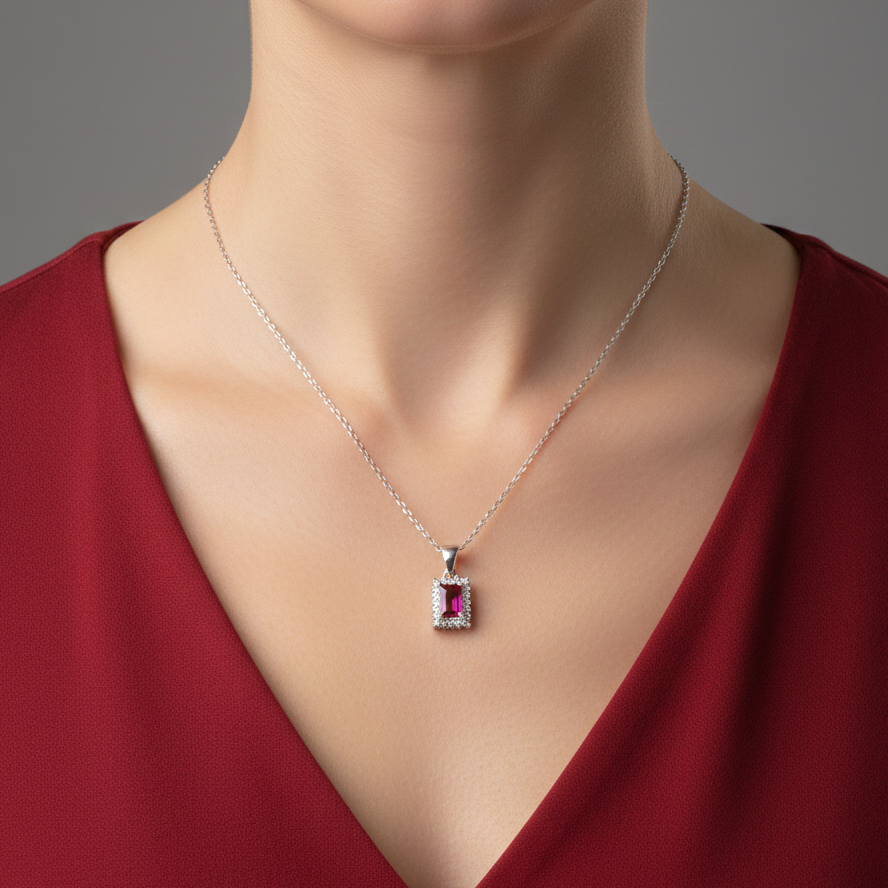 Emerald-Cut Crimson Ruby Halo Pendant in Sterling Silver
