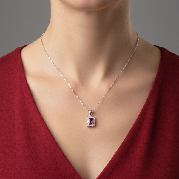 Emerald-Cut Crimson Ruby Halo Pendant in Sterling Silver