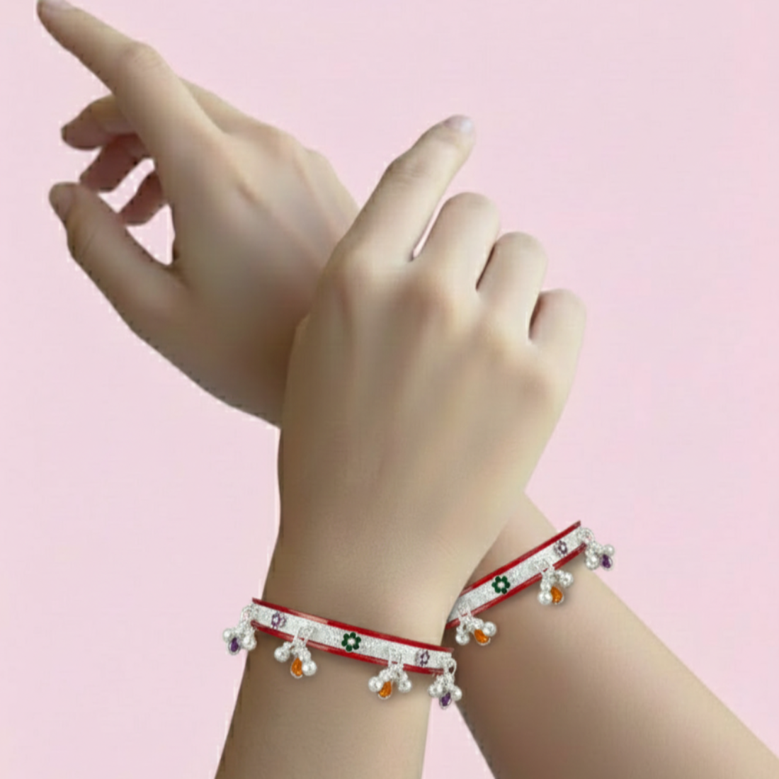 Elegant Red Lacquer Bangles with Silver Charms