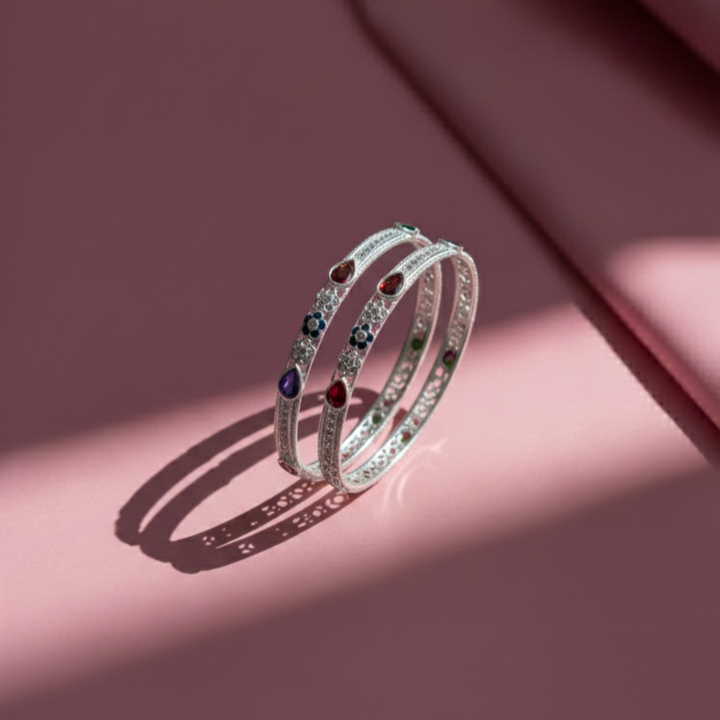 Exquisite Silver Bangle Elegance Colorful Zircons