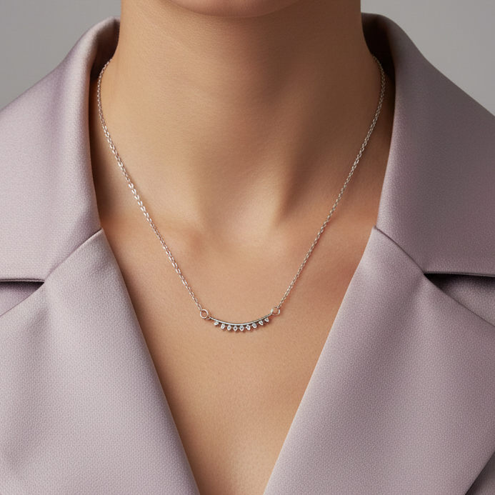 Radiant Crescent Diamond Necklace in 925 Sterling Silver