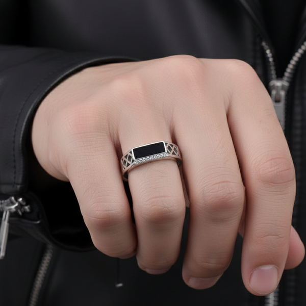 Sophisticated Onyx and Diamond Geometric Band