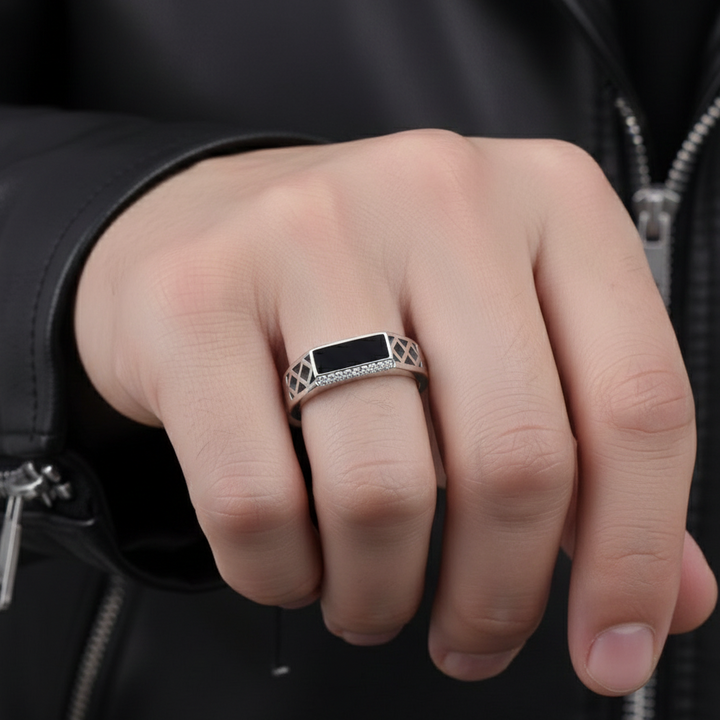 Sophisticated Onyx and Diamond Geometric Band