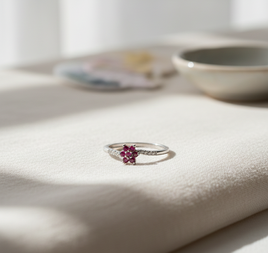 Delicate Silver Ring with Ruby-Colored Floral Cluster and Diamond Accents