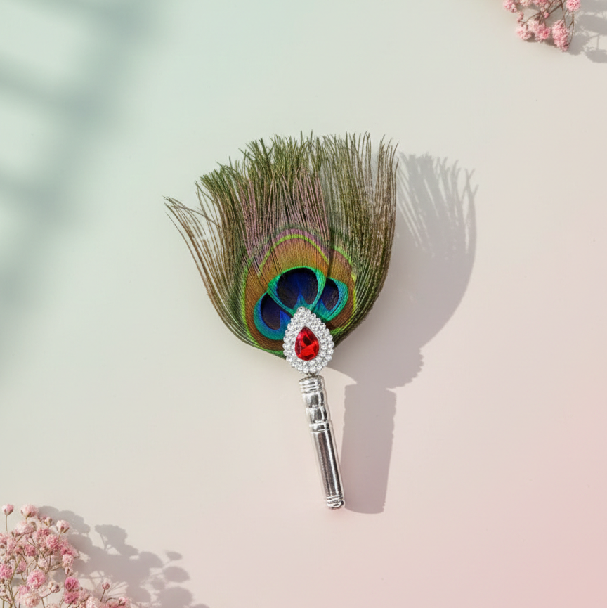 Silver Peacock Feather Kalangi with Ruby Red Stone - Balaji Jewellers